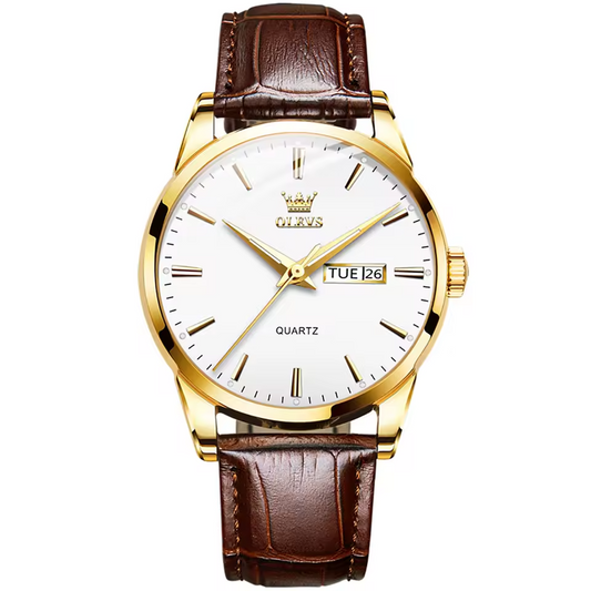 Relógio masculino de quartzo Olev com pulseira de couro genuíno - Aprova dagua